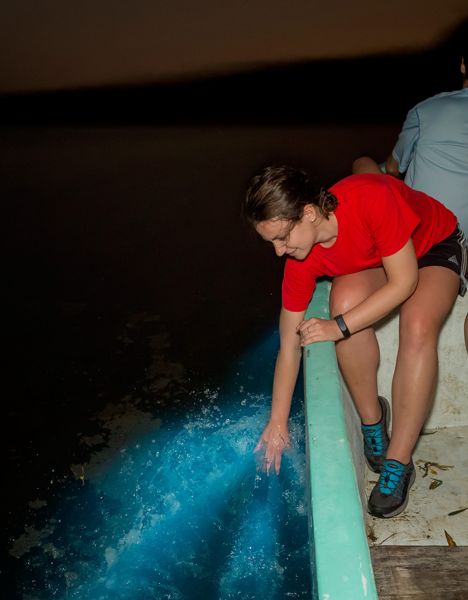 Gretchen puts her hand in the water to create her own luminescent wake. The tour group is delighted to see fish of all sizes swimming through the water, leaving trails of light behind them.